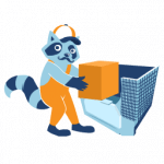 Illustrated raccoon loading boxes into microstorage crate