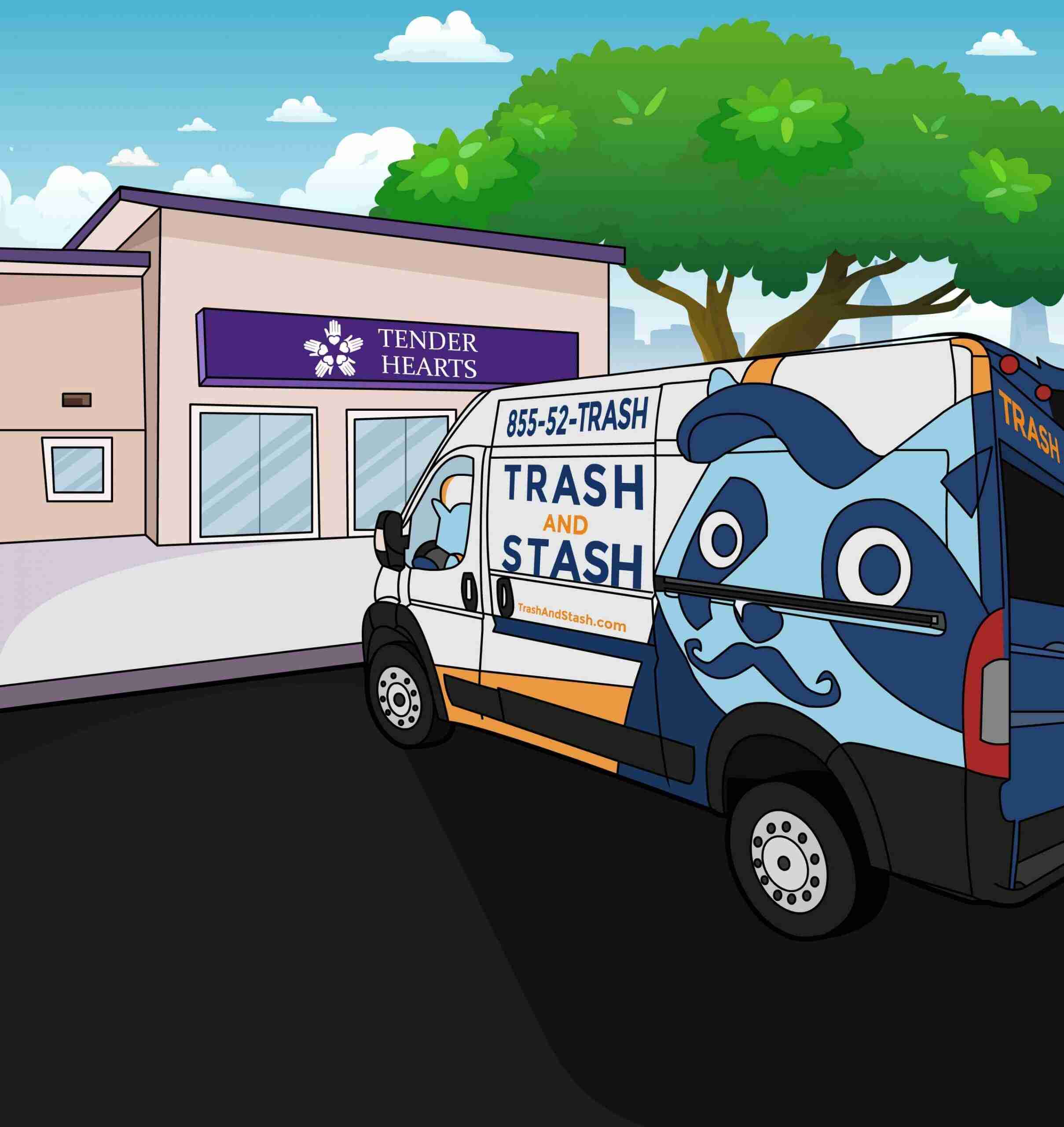 Trash & stash van delivering donated items to Tender Hearts