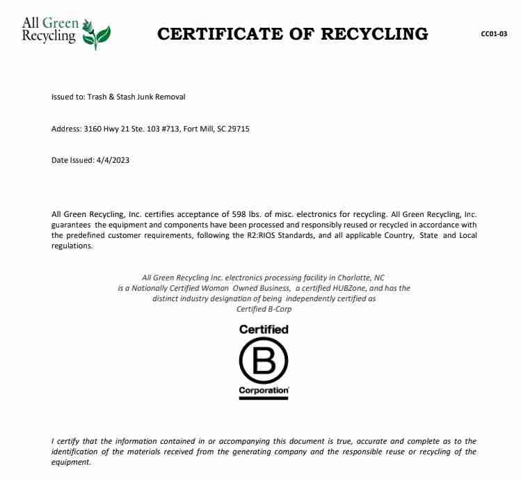 Certificate/ receipt from e- waste recycling delivery