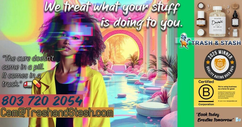 A colorful promotional image for Trash and Stash featuring a person in a yellow jacket with a digital glitch effect, standing in front of a vibrant, surreal landscape with pink and green hues, water, and arches. Text reads, "We treat what your stuff is doing to you," "The cure doesn’t come in a pill. It comes in a truck," and includes a phone number (803 720 2054) and website (Cam@TrashandStash.com). The right side shows products like deodorizers, a 2025 Winner badge, and a Certified B Corporation logo with a "B" rating.