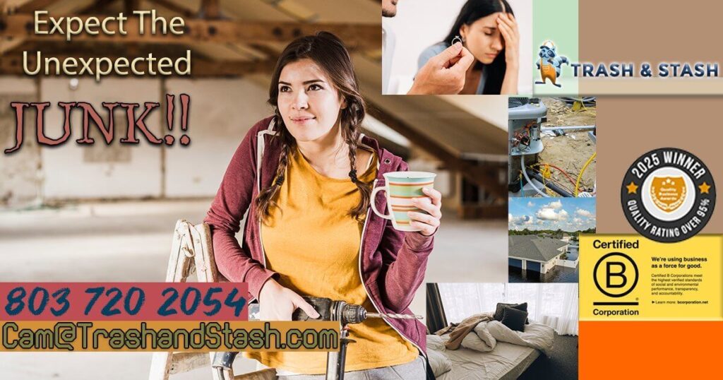 A promotional image for Trash and Stash featuring a woman in a yellow shirt and red jacket holding a mug, sitting in a cluttered attic with wooden beams. Surrounding her are images of a person holding an earring, an air conditioning unit, a messy room with a bed, and a Certified B Corporation logo with a "B" rating. Text reads, "Expect The Unexpected JUNK!!" with a phone number (803 720 2054) and website (Cam@TrashandStash.com), along with a 2025 Winner badge.