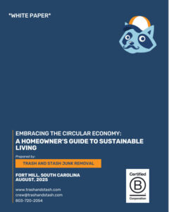 Thumbnail of Circular Economy Infographic for Trash and Stash white paper, showcasing reduce, reuse, recycle principles and 413,506 lbs landfill diversion in 2025, B-Corp certified junk removal in Charlotte, NC.